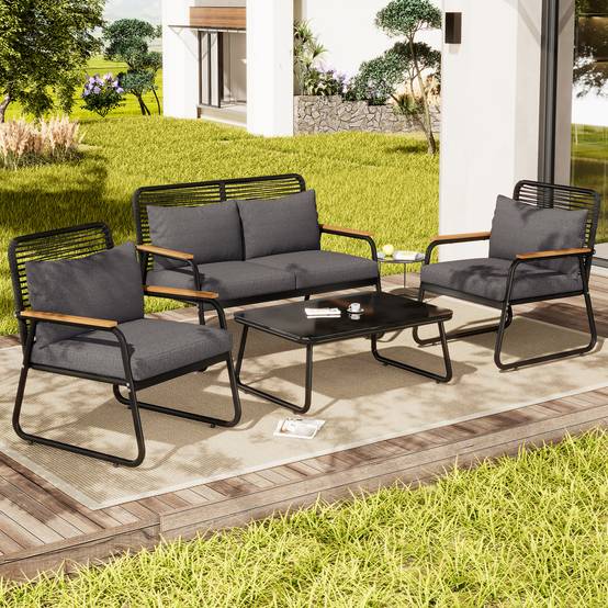 Ensemble jardin 4 places : canapé + table, fer galvanisé, plateau verre, pieds réglables, coussins inclus, noir - Image 3