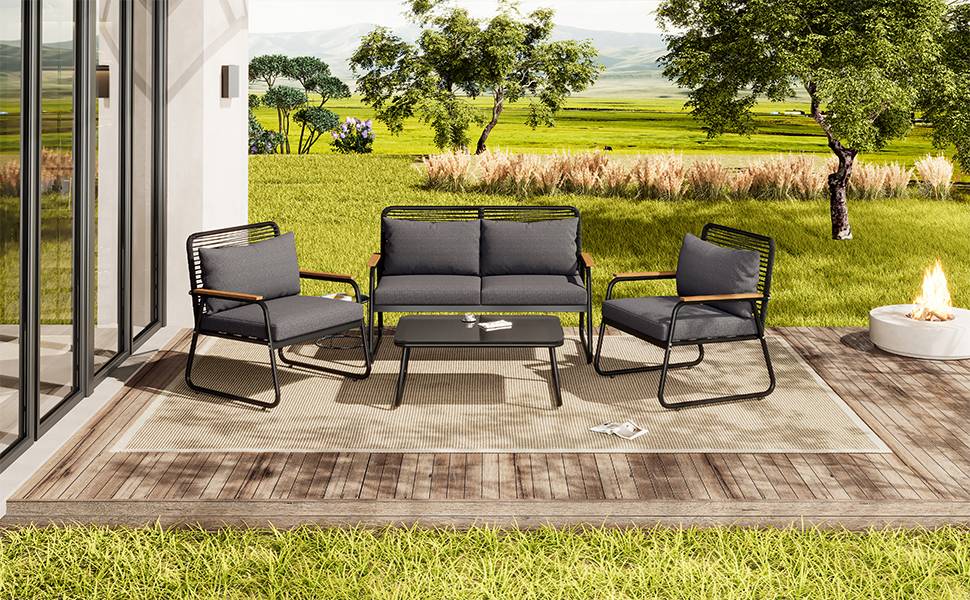 Ensemble jardin 4 places : canapé + table, fer galvanisé, plateau verre, pieds réglables, coussins inclus, noir - Image 6