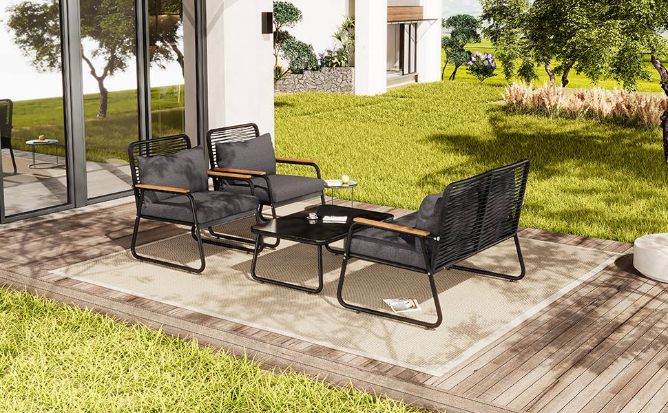 Ensemble jardin 4 places : canapé + table, fer galvanisé, plateau verre, pieds réglables, coussins inclus, noir - Image 7