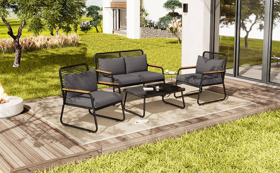 Ensemble jardin 4 places : canapé + table, fer galvanisé, plateau verre, pieds réglables, coussins inclus, noir - Image 8