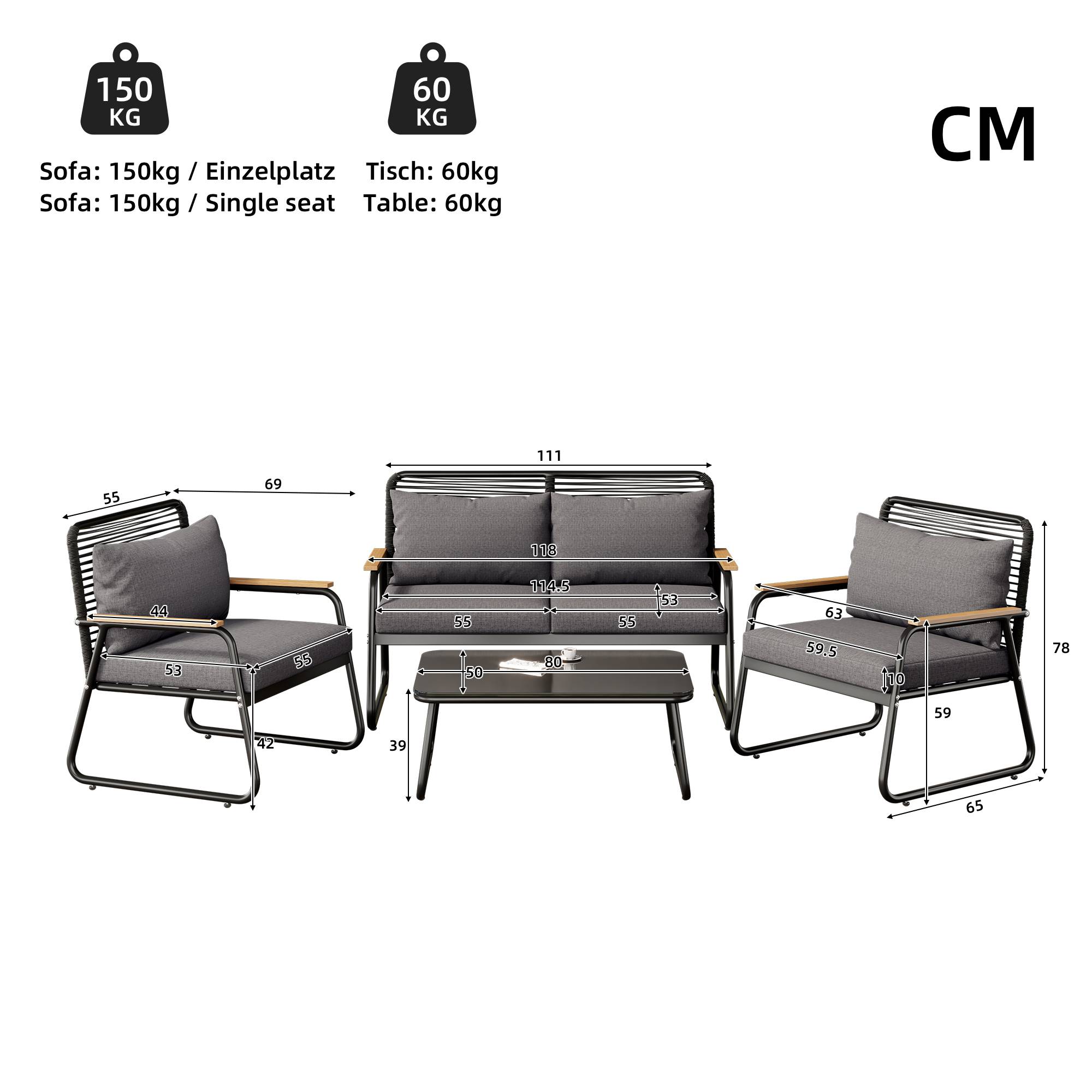 Ensemble jardin 4 places : canapé + table, fer galvanisé, plateau verre, pieds réglables, coussins inclus, noir - Image 5