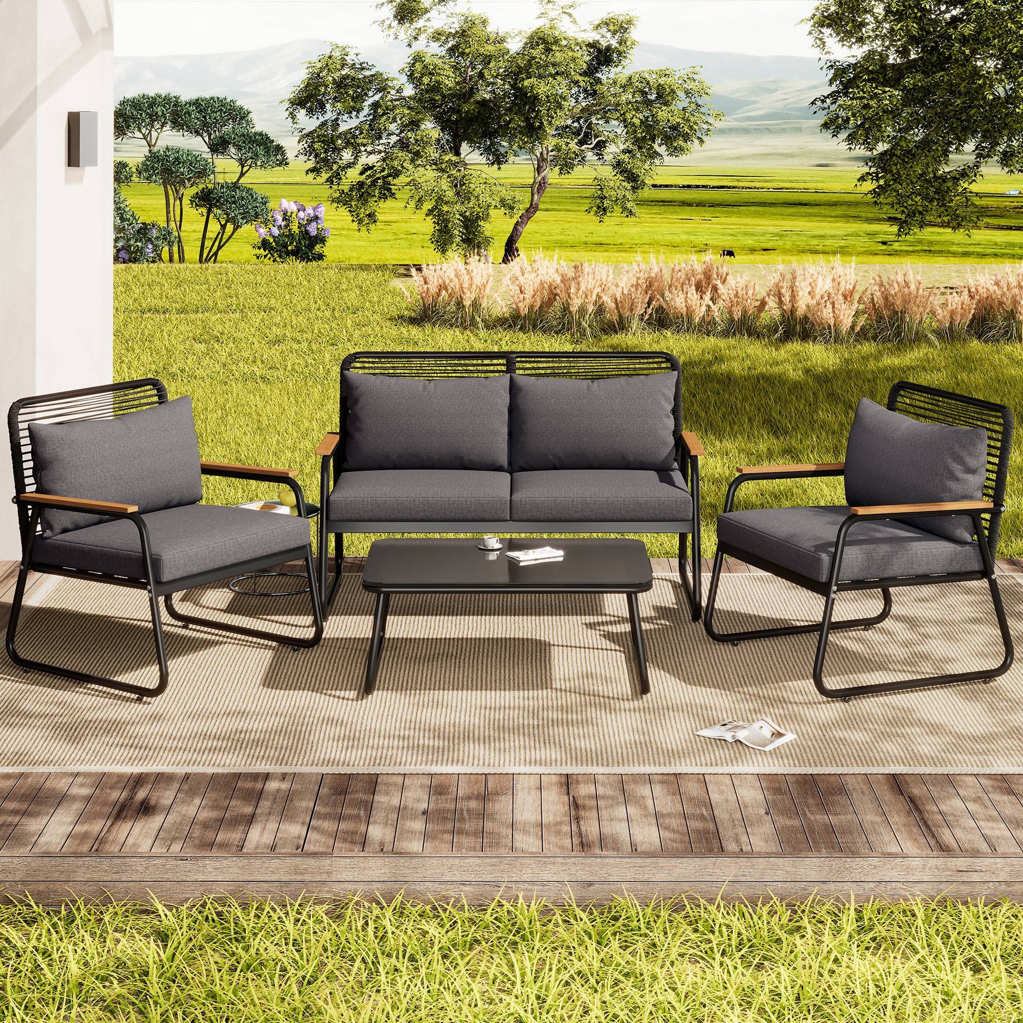 Ensemble jardin 4 places : canapé + table, fer galvanisé, plateau verre, pieds réglables, coussins inclus, noir - Image 2