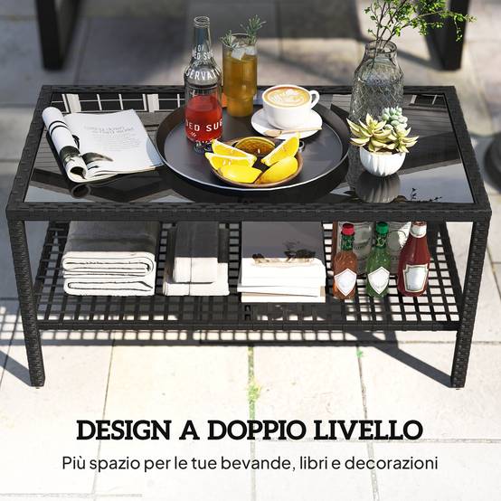 Table Basse de Jardin 2 Niveaux Résine Tressée Terrasse Plateau Verre 92cm Noir - ComfortXL Outdoor Living - Image 6