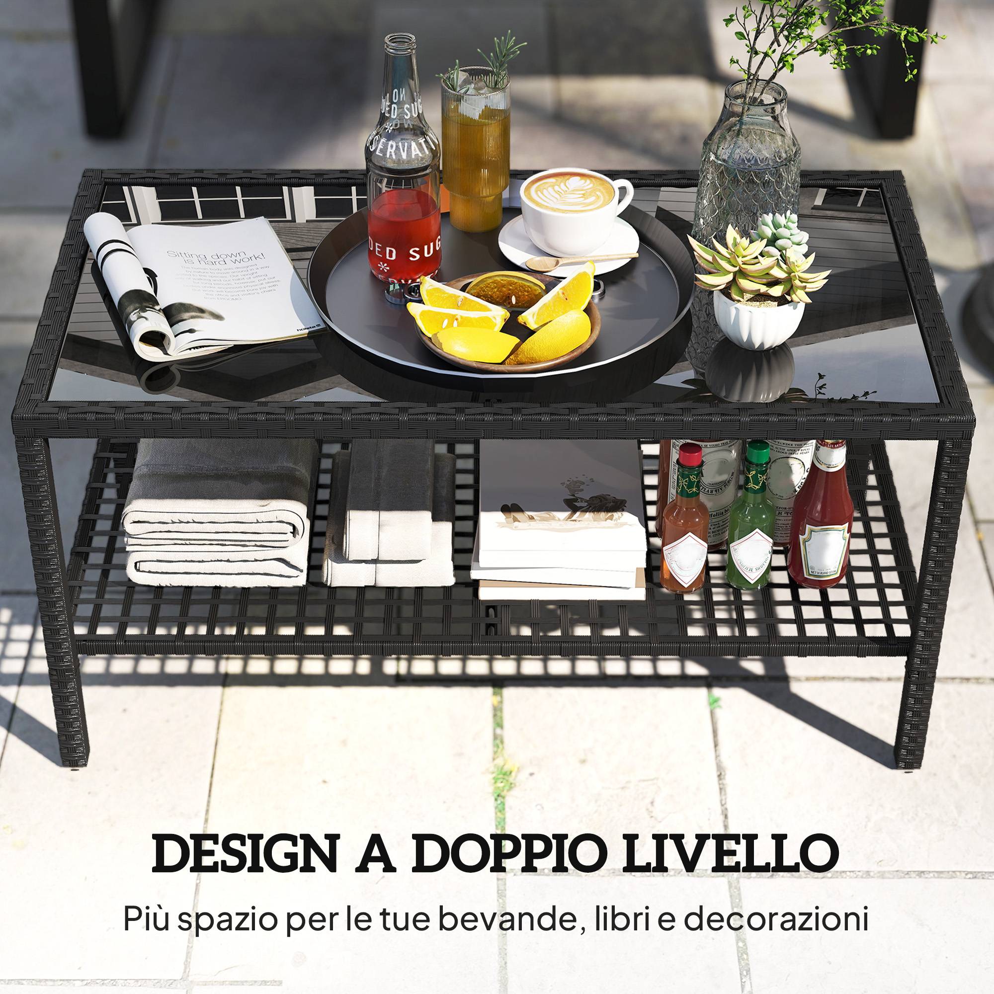 Table Basse de Jardin 2 Niveaux Résine Tressée Terrasse Plateau Verre 92cm Noir - ComfortXL Outdoor Living - Image 6