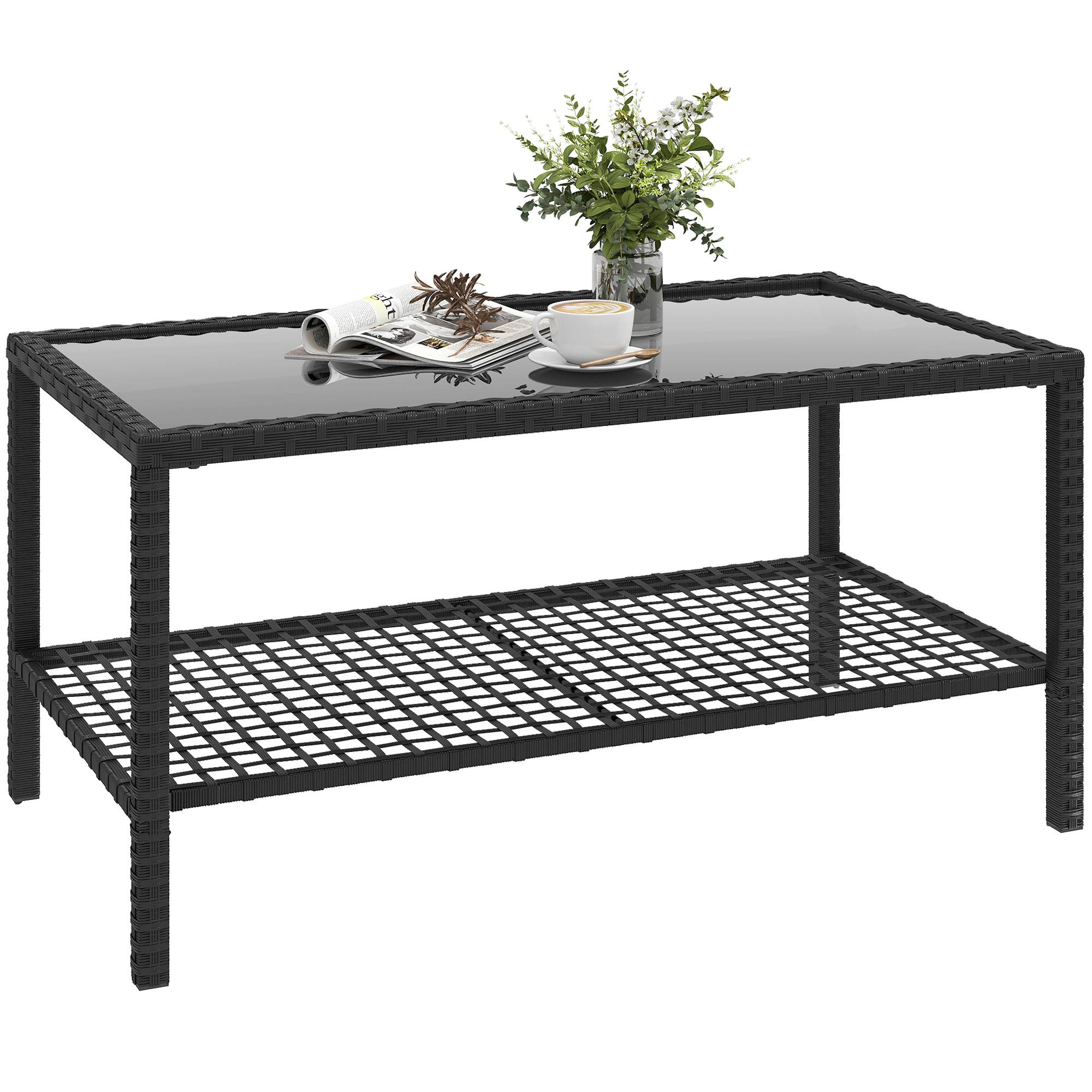 Table Basse de Jardin 2 Niveaux Résine Tressée Terrasse Plateau Verre 92cm Noir - ComfortXL Outdoor Living - Image 1