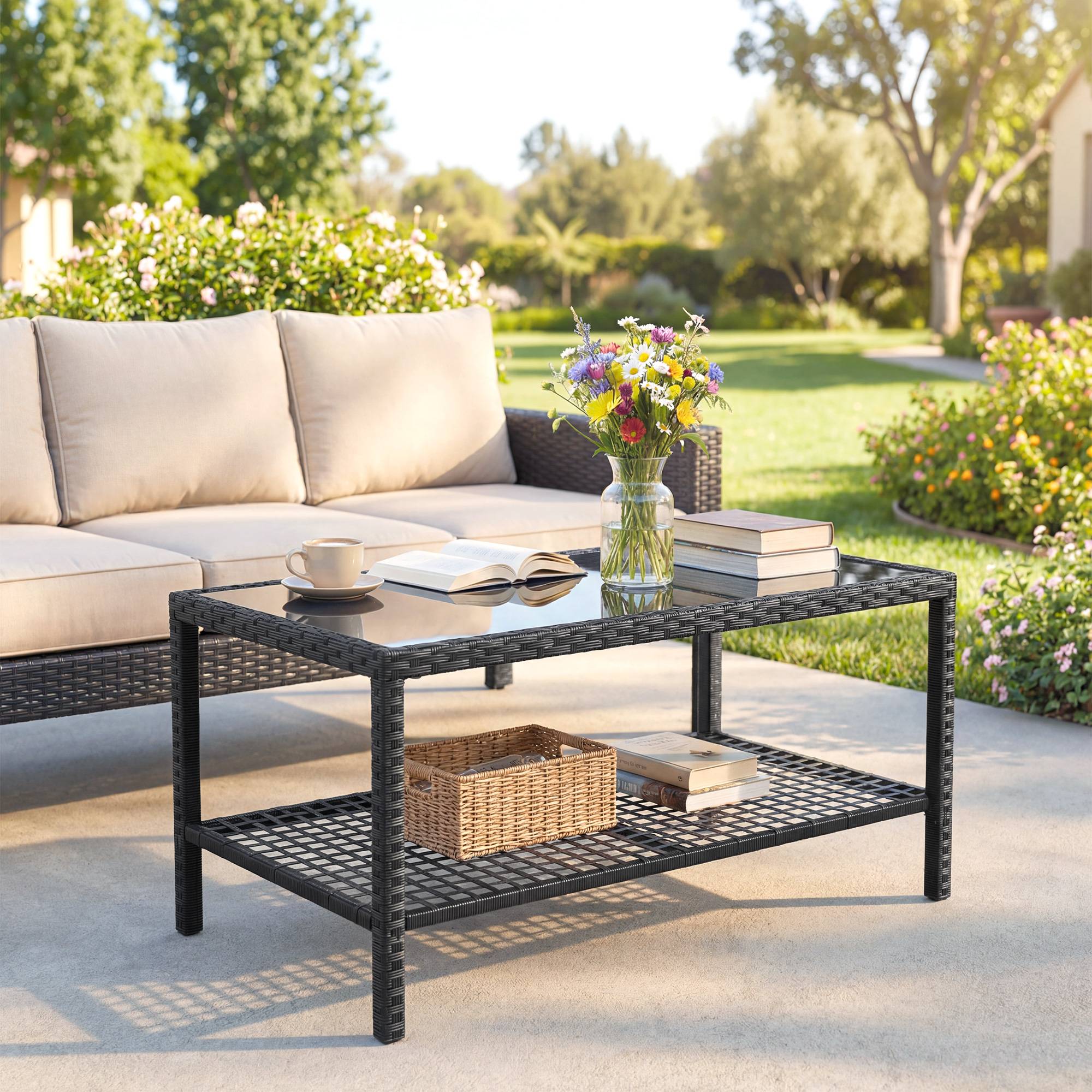 Table Basse de Jardin 2 Niveaux Résine Tressée Terrasse Plateau Verre 92cm Noir - ComfortXL Outdoor Living - Image 10