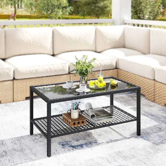 Table Basse de Jardin 2 Niveaux Résine Tressée Terrasse Plateau Verre 92cm Noir - ComfortXL Outdoor Living - Image 3