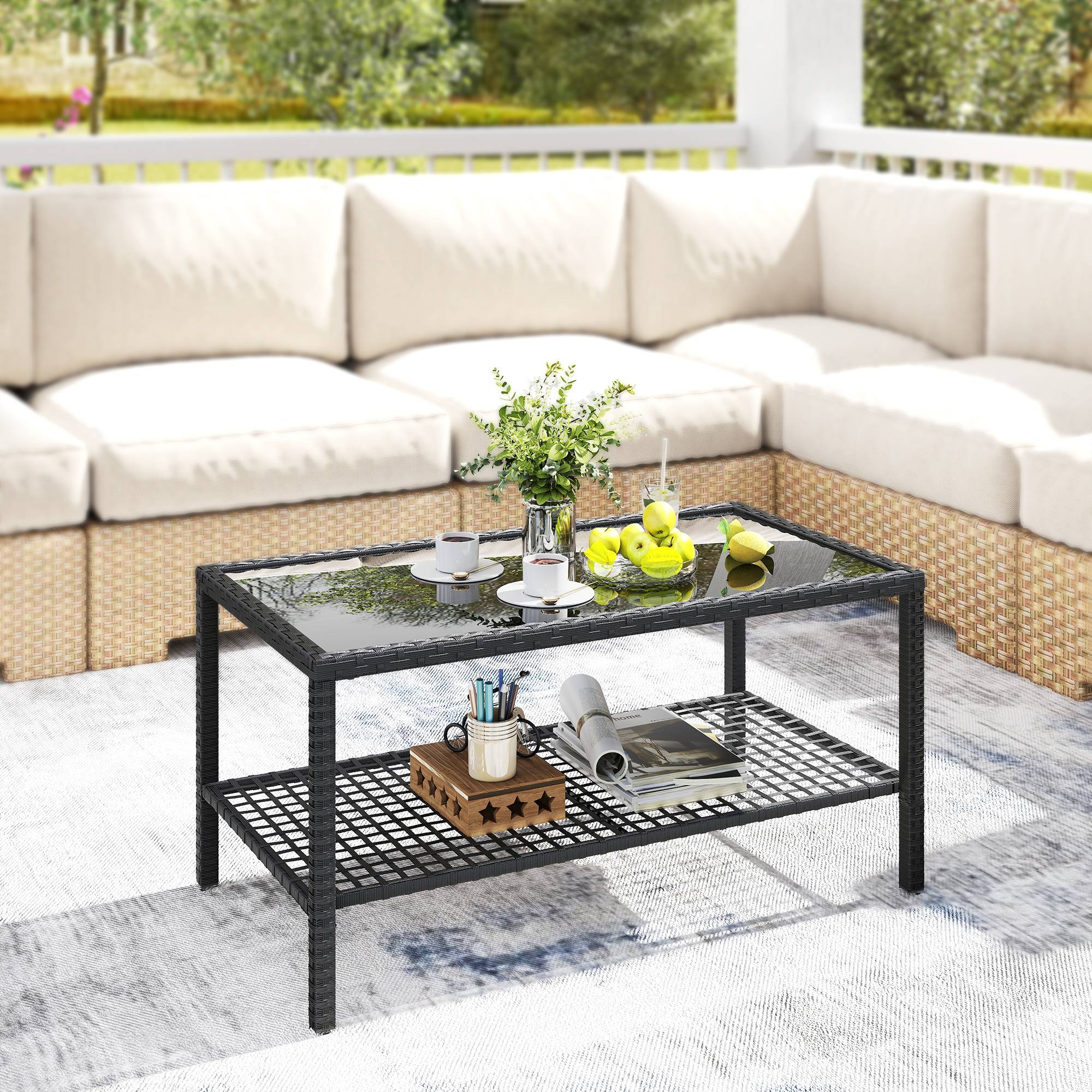Table Basse de Jardin 2 Niveaux Résine Tressée Terrasse Plateau Verre 92cm Noir - ComfortXL Outdoor Living - Image 3