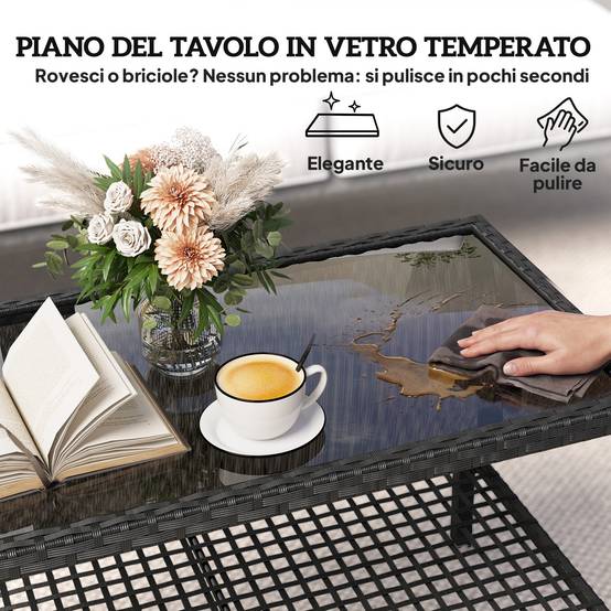 Table Basse de Jardin 2 Niveaux Résine Tressée Terrasse Plateau Verre 92cm Noir - ComfortXL Outdoor Living - Image 8