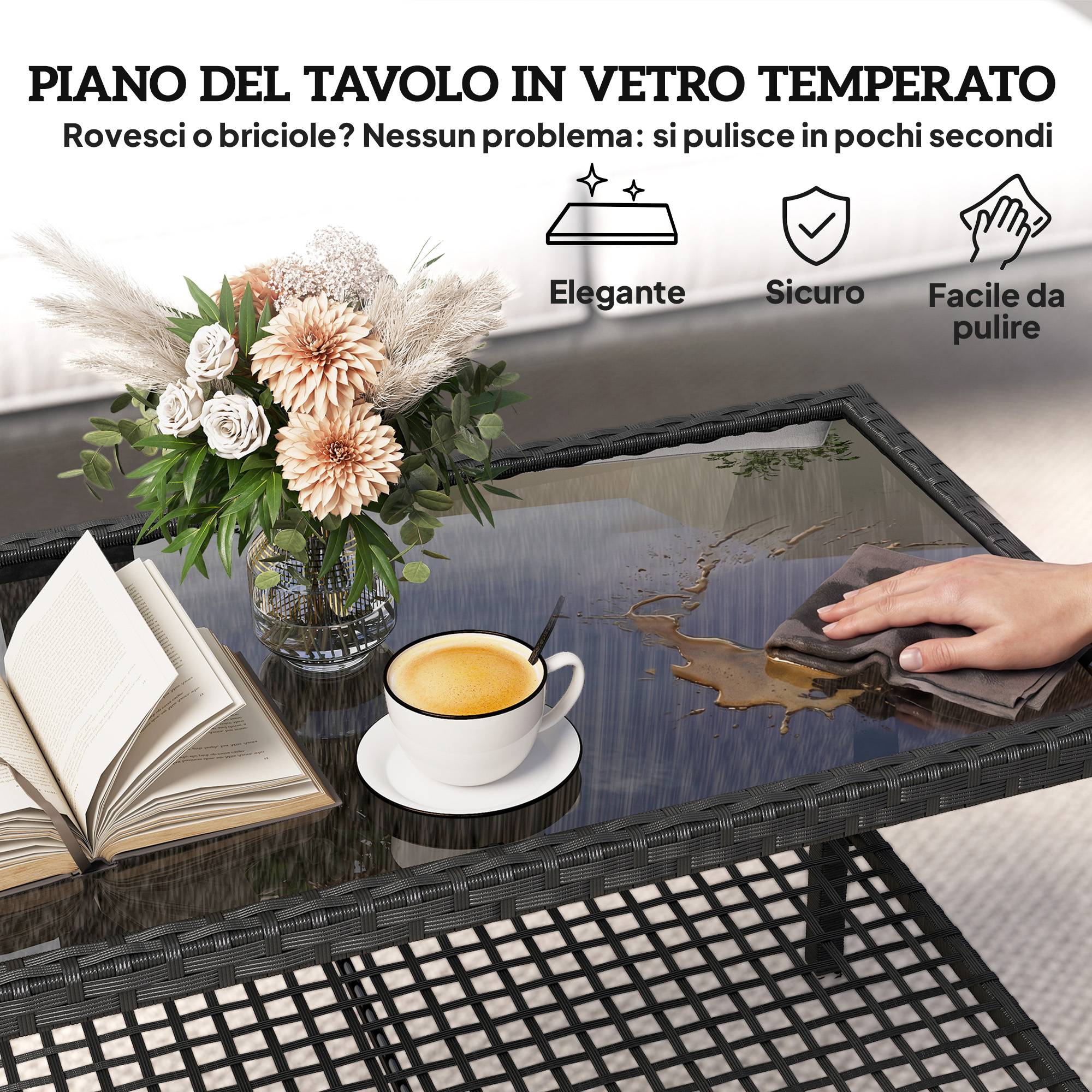 Table Basse de Jardin 2 Niveaux Résine Tressée Terrasse Plateau Verre 92cm Noir - ComfortXL Outdoor Living - Image 8