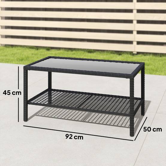 Table Basse de Jardin 2 Niveaux Résine Tressée Terrasse Plateau Verre 92cm Noir - ComfortXL Outdoor Living - Image 5