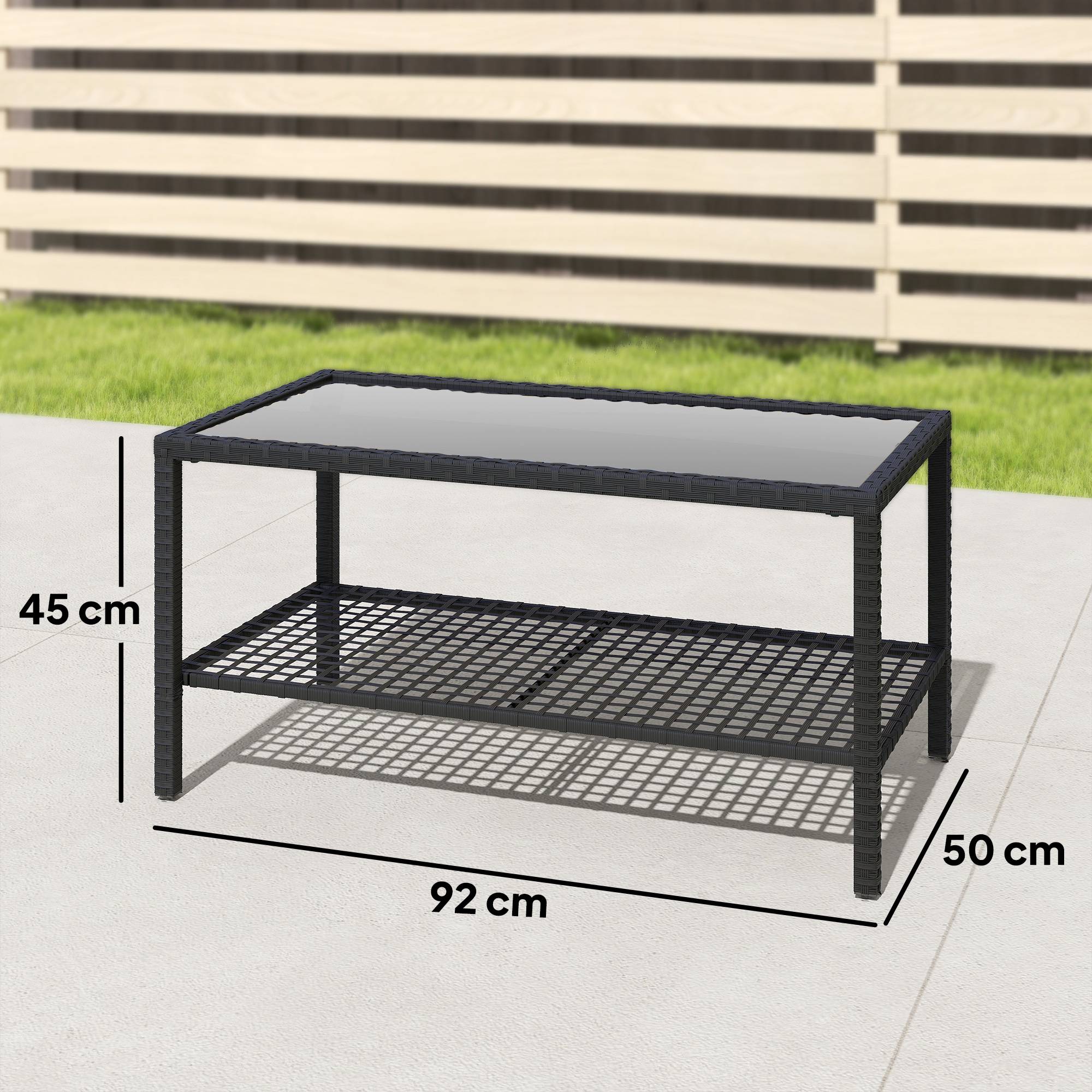 Table Basse de Jardin 2 Niveaux Résine Tressée Terrasse Plateau Verre 92cm Noir - ComfortXL Outdoor Living - Image 5