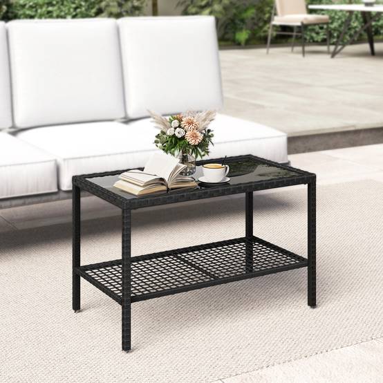 Table Basse de Jardin 2 Niveaux Résine Tressée Terrasse Plateau Verre 92cm Noir - ComfortXL Outdoor Living - Image 4