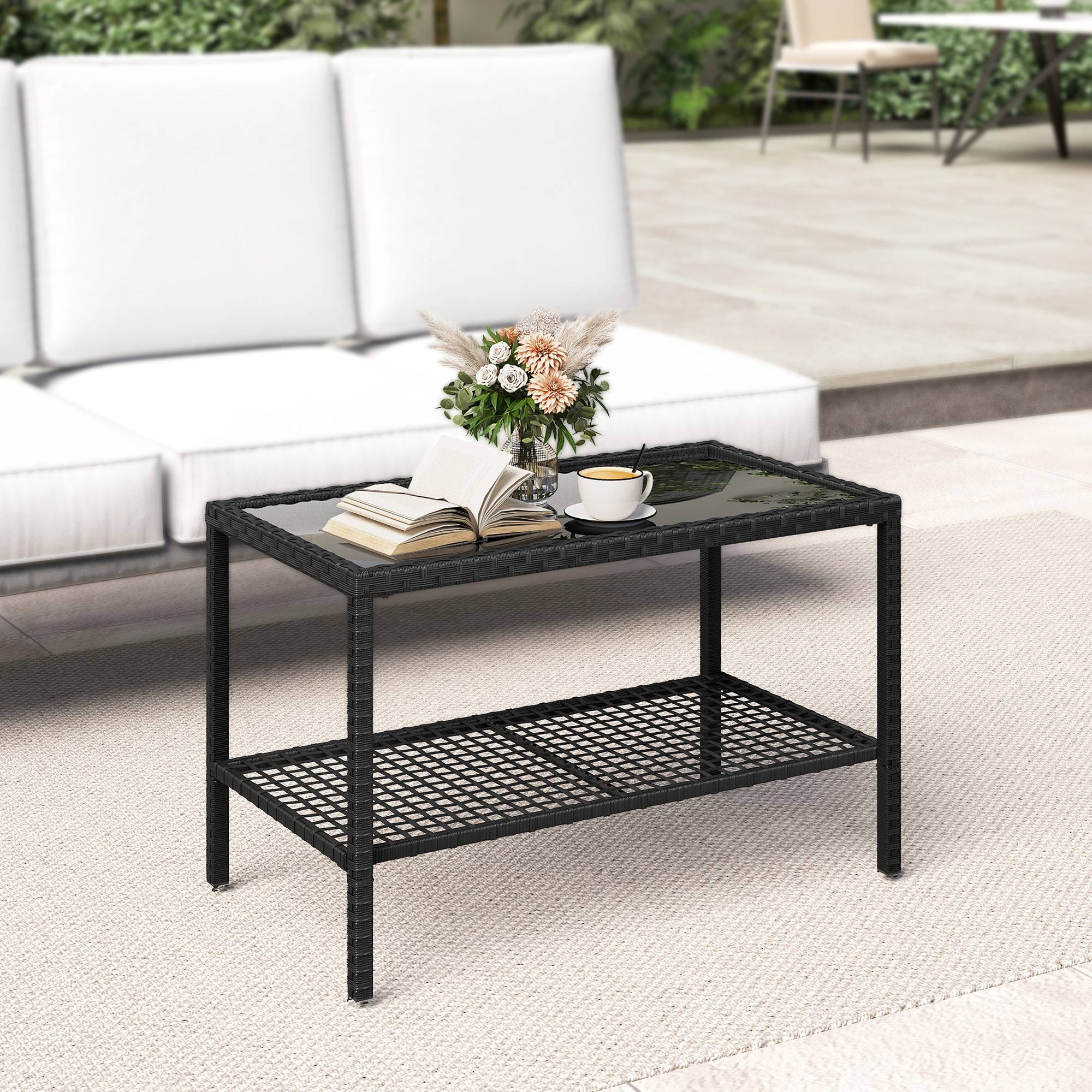 Table Basse de Jardin 2 Niveaux Résine Tressée Terrasse Plateau Verre 92cm Noir - ComfortXL Outdoor Living - Image 4