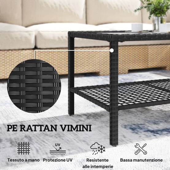 Table Basse de Jardin 2 Niveaux Résine Tressée Terrasse Plateau Verre 92cm Noir - ComfortXL Outdoor Living - Image 7