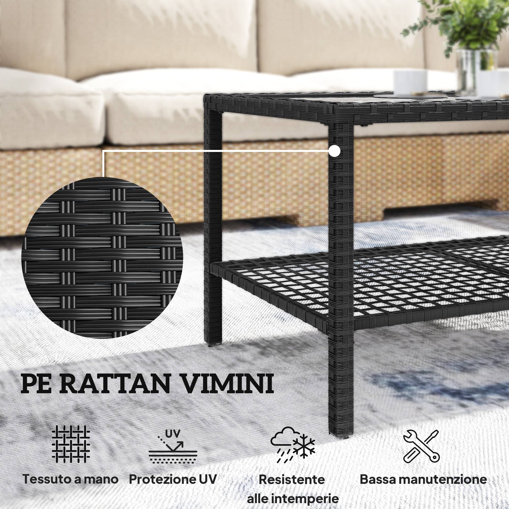 Table Basse de Jardin 2 Niveaux Résine Tressée Terrasse Plateau Verre 92cm Noir - ComfortXL Outdoor Living - Image 7