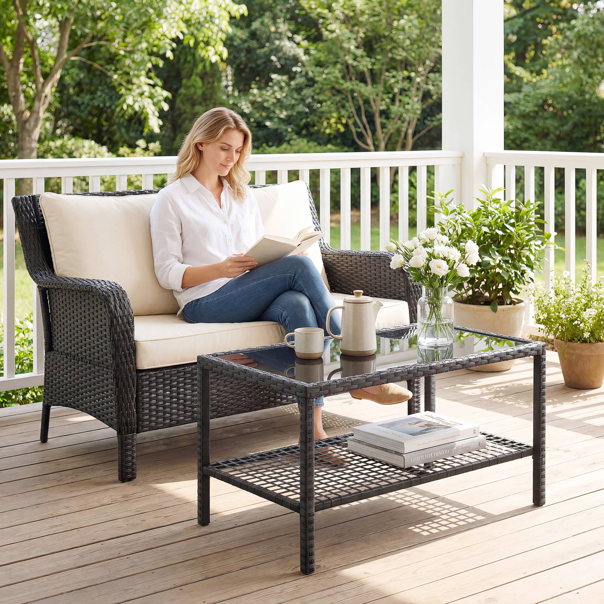 Table Basse de Jardin 2 Niveaux Résine Tressée Terrasse Plateau Verre 92cm Noir - ComfortXL Outdoor Living - Image 9