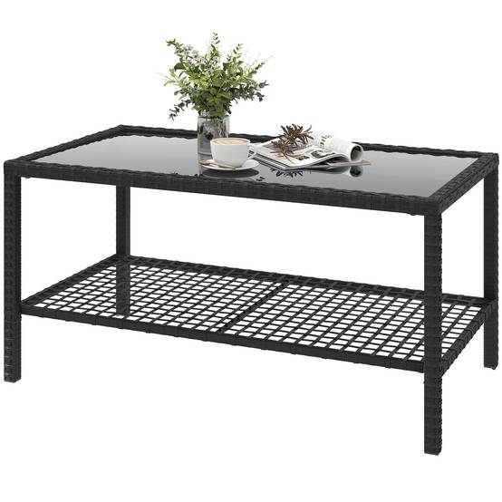Table Basse de Jardin 2 Niveaux Résine Tressée Terrasse Plateau Verre 92cm Noir - ComfortXL Outdoor Living - Image 2