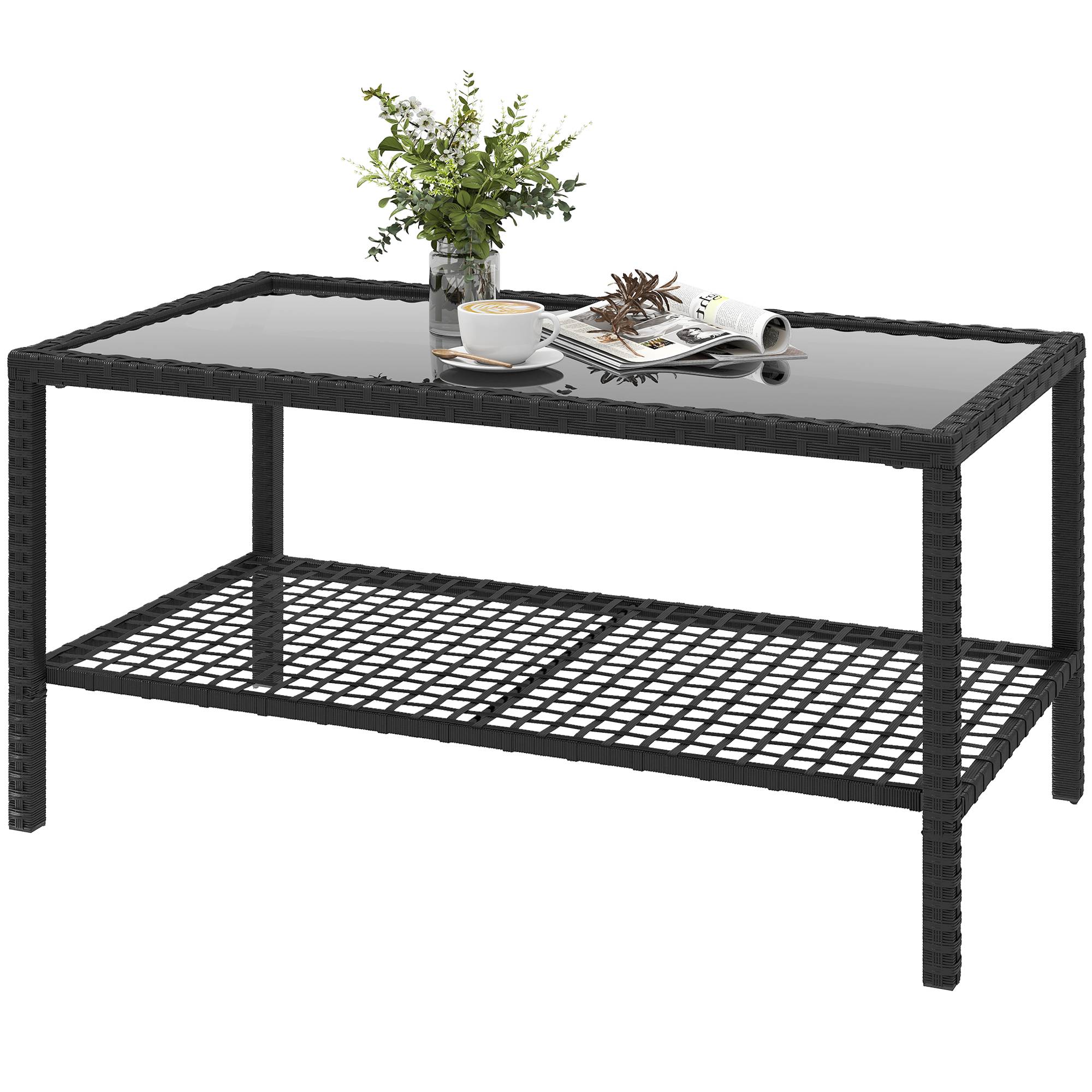 Table Basse de Jardin 2 Niveaux Résine Tressée Terrasse Plateau Verre 92cm Noir - ComfortXL Outdoor Living - Image 2