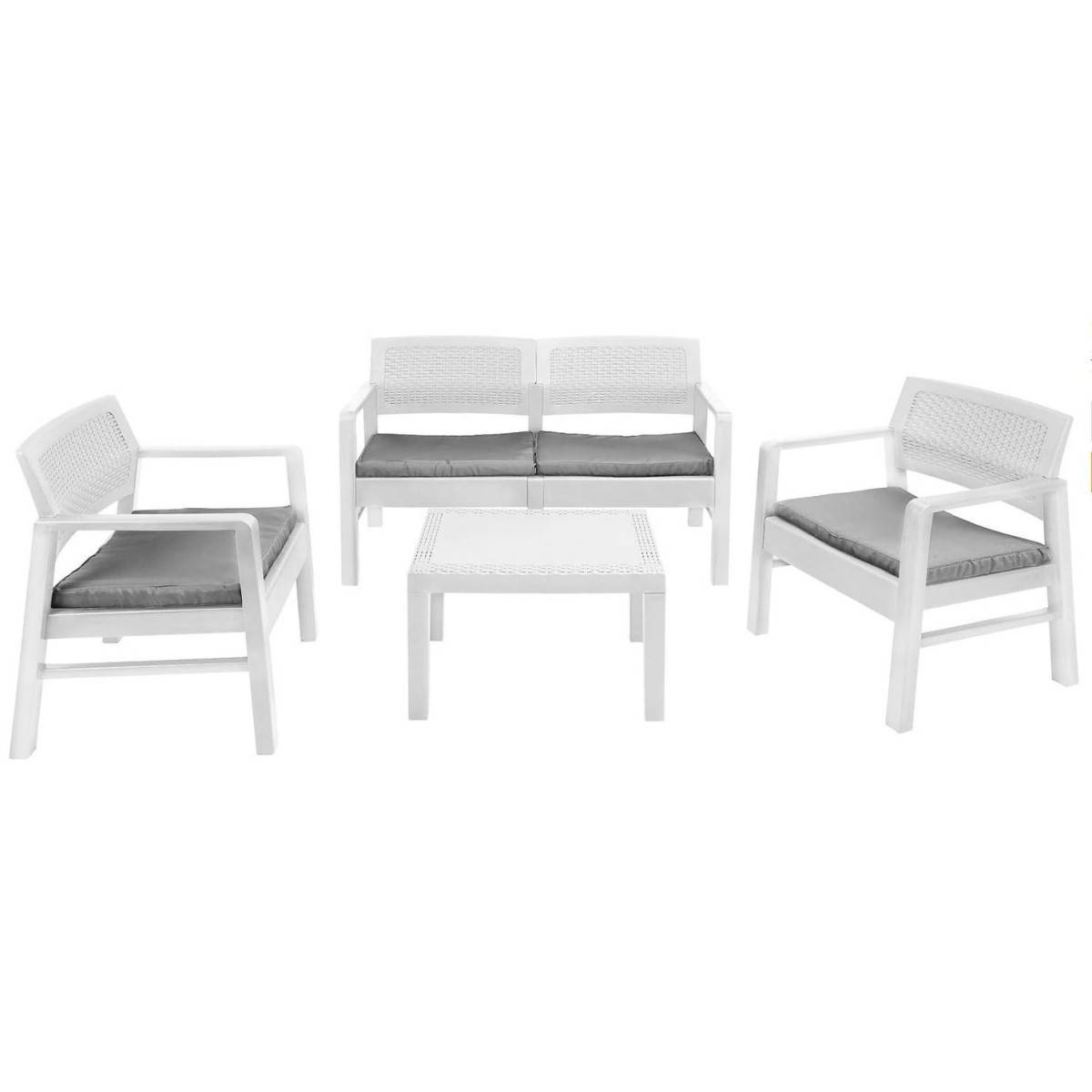 Salon de jardin 4 pièces Canapé 2 places + 2 fauteuils + Table basse Résine Blanche - Imagen 1