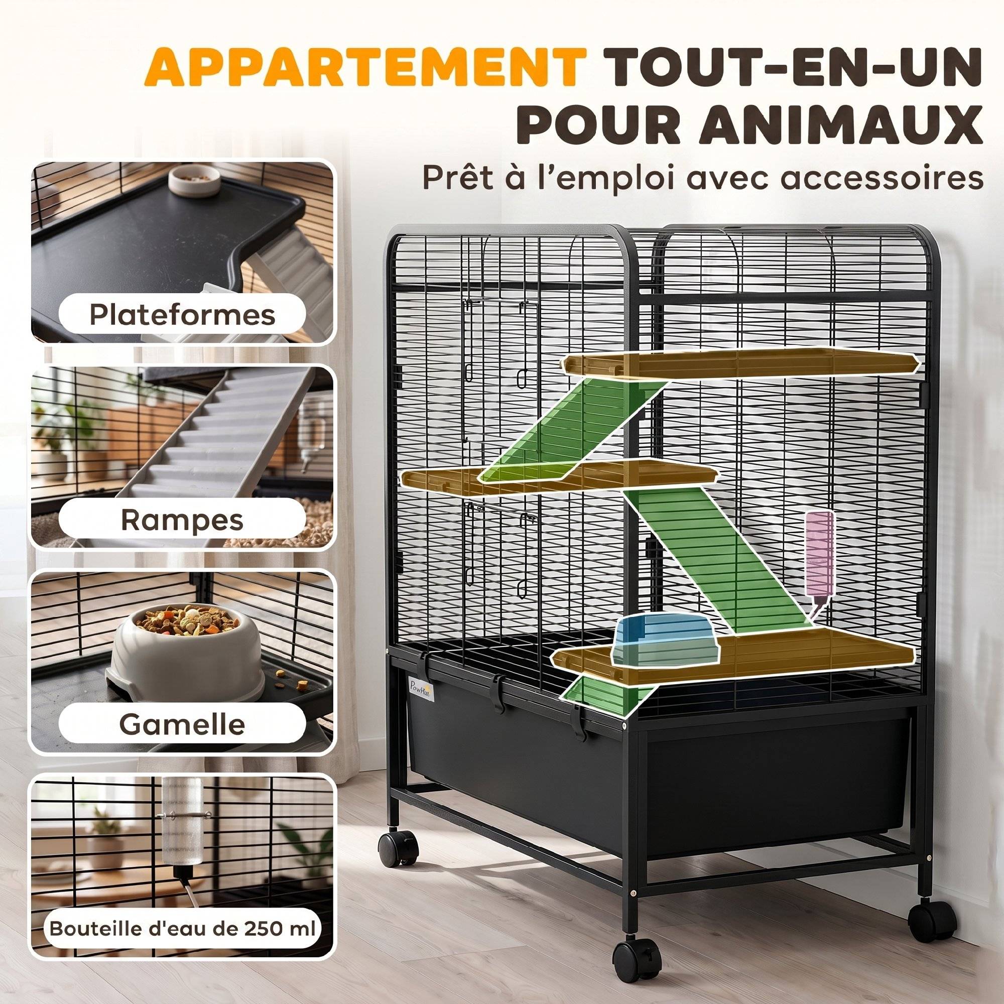 Cage pour rongeurs acier noir 75 x 46 x 94.5 cm - PANGIVO - Image 10