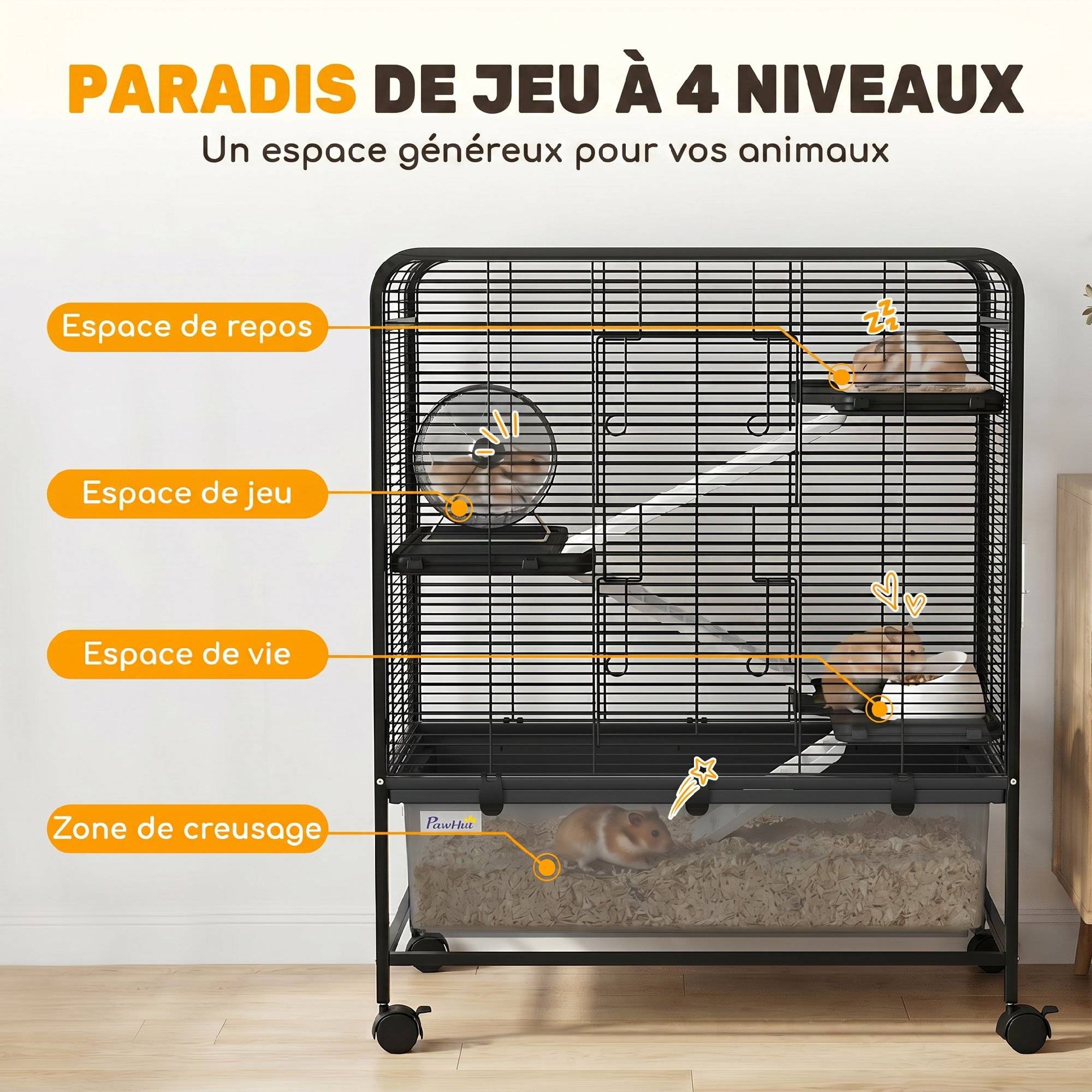 Cage pour rongeurs acier noir 75 x 46 x 94.5 cm - PANGIVO - Image 7