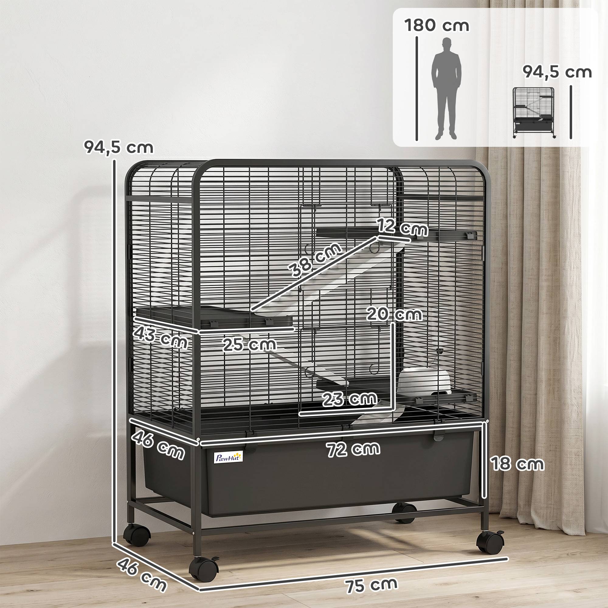 Cage pour rongeurs acier noir 75 x 46 x 94.5 cm - PANGIVO - Image 5