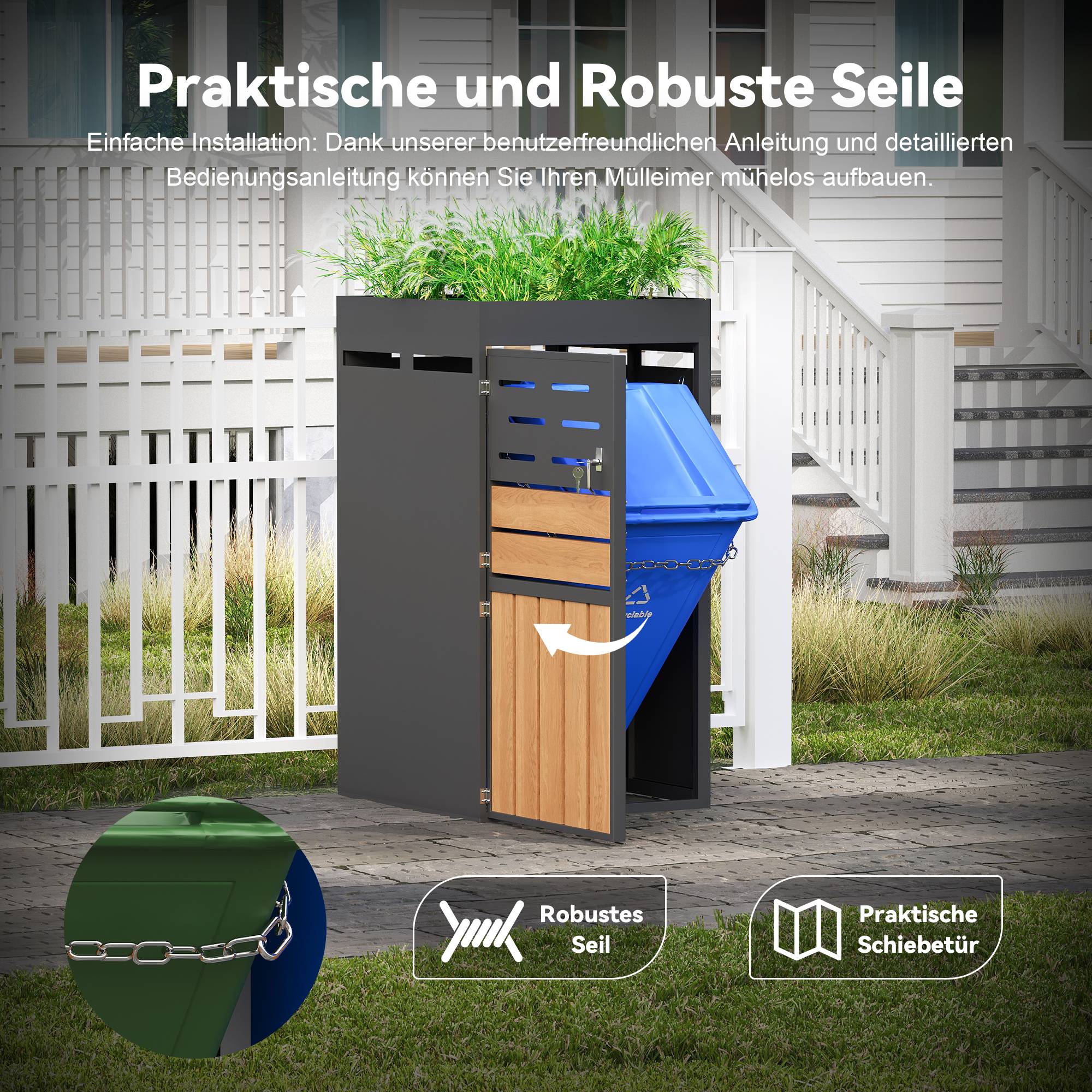 Cache-poubelle avec jardinière Acier galvanisé Extérieur Aération et serrure 66x80x128cm Gris - ComfortXL Outdoor Living - Image 5