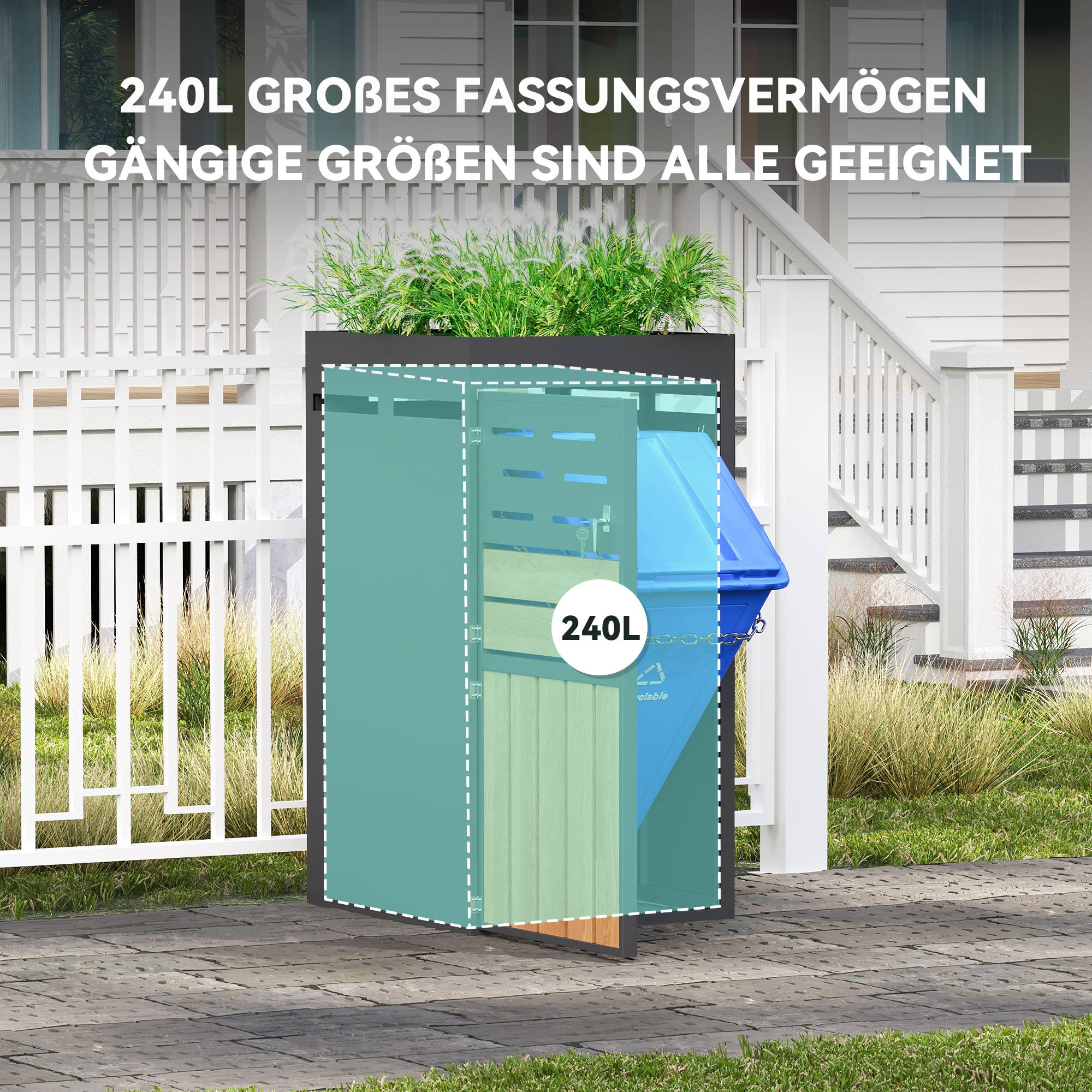 Cache-poubelle avec jardinière Acier galvanisé Extérieur Aération et serrure 66x80x128cm Gris - ComfortXL Outdoor Living - Image 7