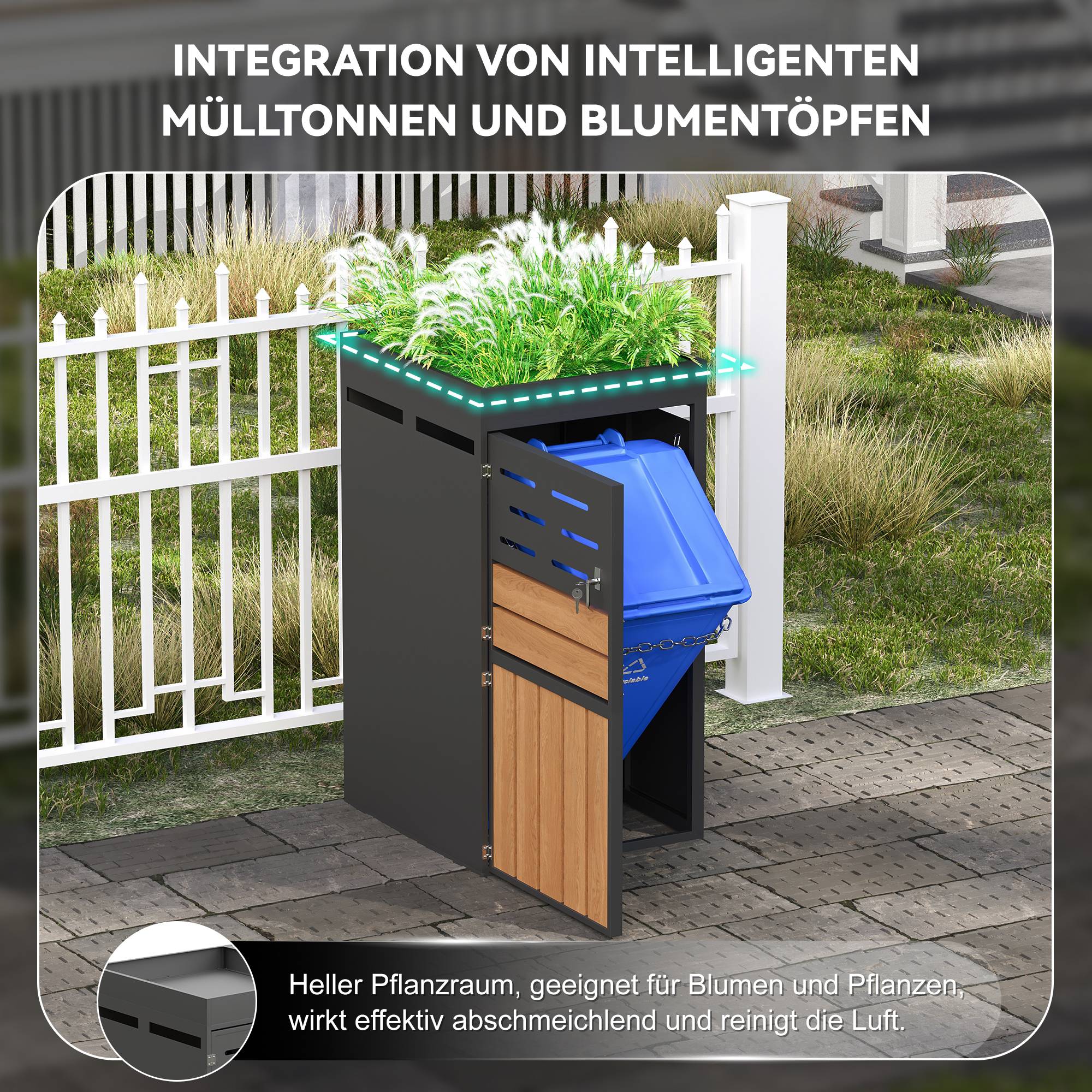Cache-poubelle avec jardinière Acier galvanisé Extérieur Aération et serrure 66x80x128cm Gris - ComfortXL Outdoor Living - Image 9