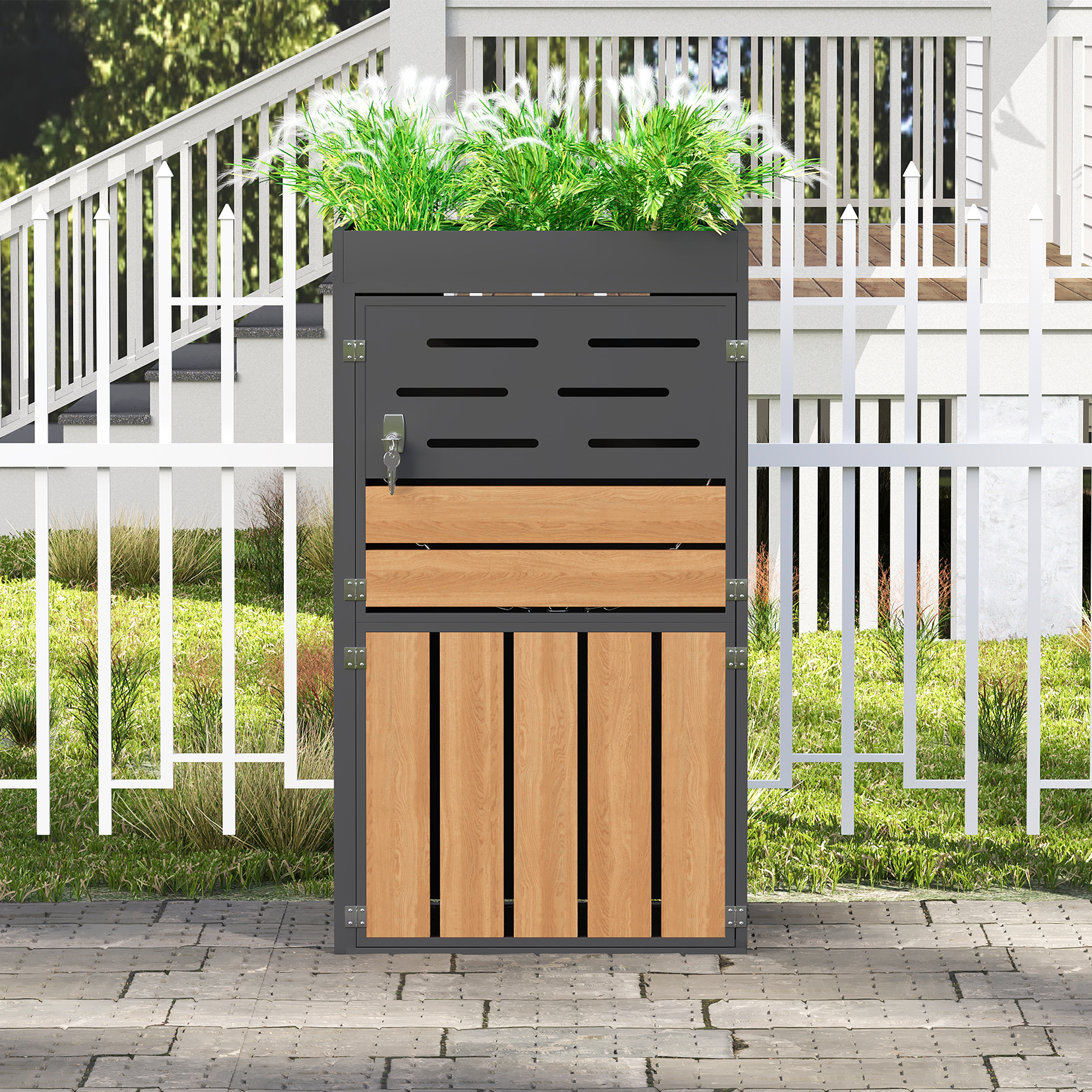 Cache-poubelle avec jardinière Acier galvanisé Extérieur Aération et serrure 66x80x128cm Gris - ComfortXL Outdoor Living - Image 3