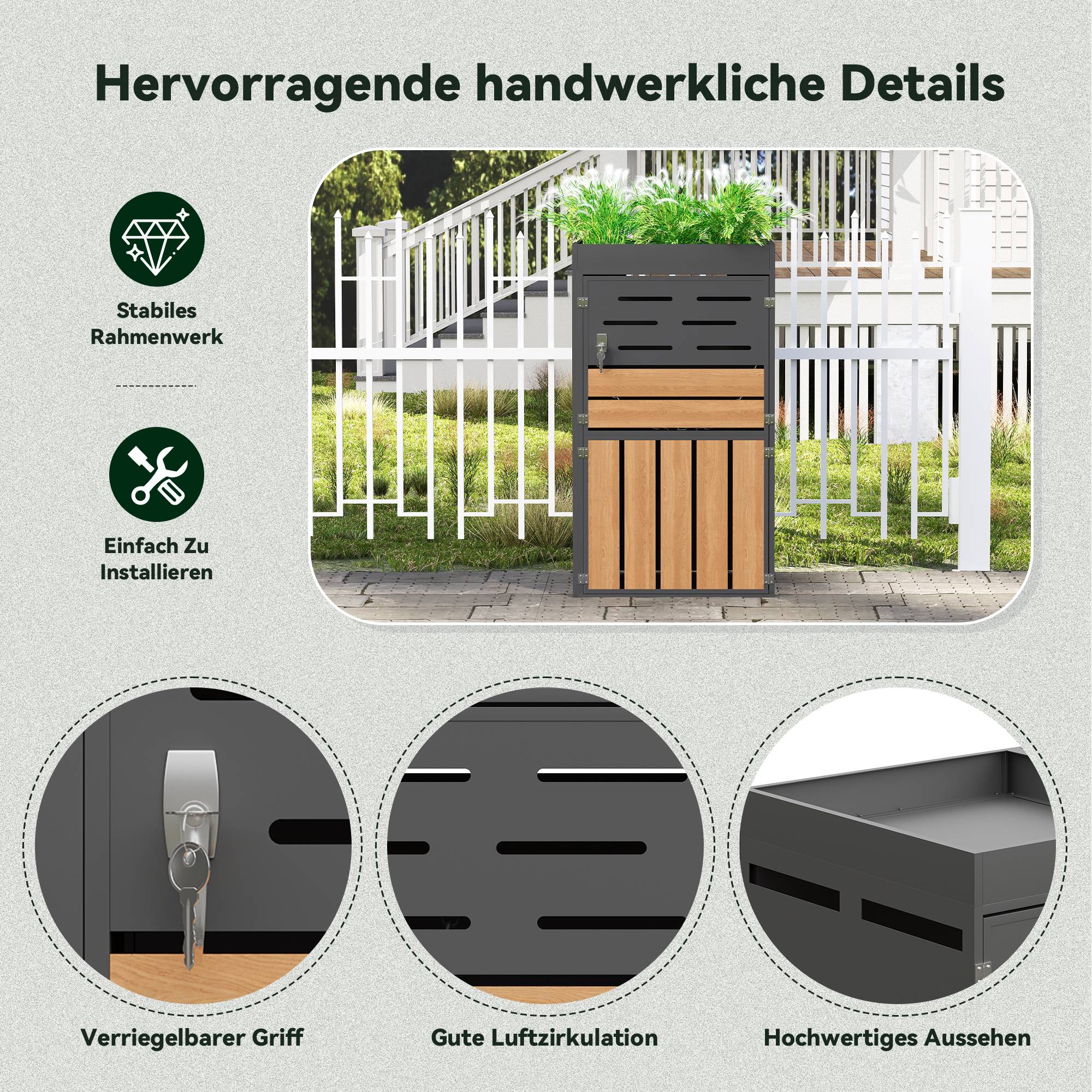 Cache-poubelle avec jardinière Acier galvanisé Extérieur Aération et serrure 66x80x128cm Gris - ComfortXL Outdoor Living - Image 4