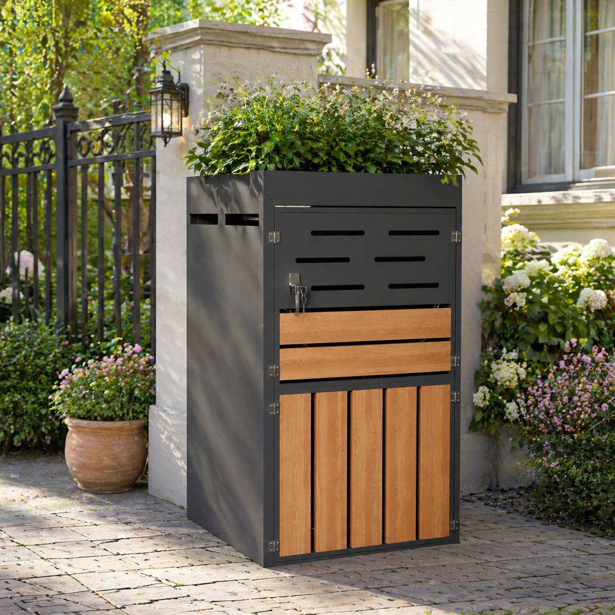 Cache-poubelle avec jardinière Acier galvanisé Extérieur Aération et serrure 66x80x128cm Gris - ComfortXL Outdoor Living - Image 1