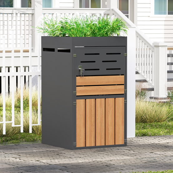 Cache-poubelle avec jardinière Acier galvanisé Extérieur Aération et serrure 66x80x128cm Gris - ComfortXL Outdoor Living - Image 10