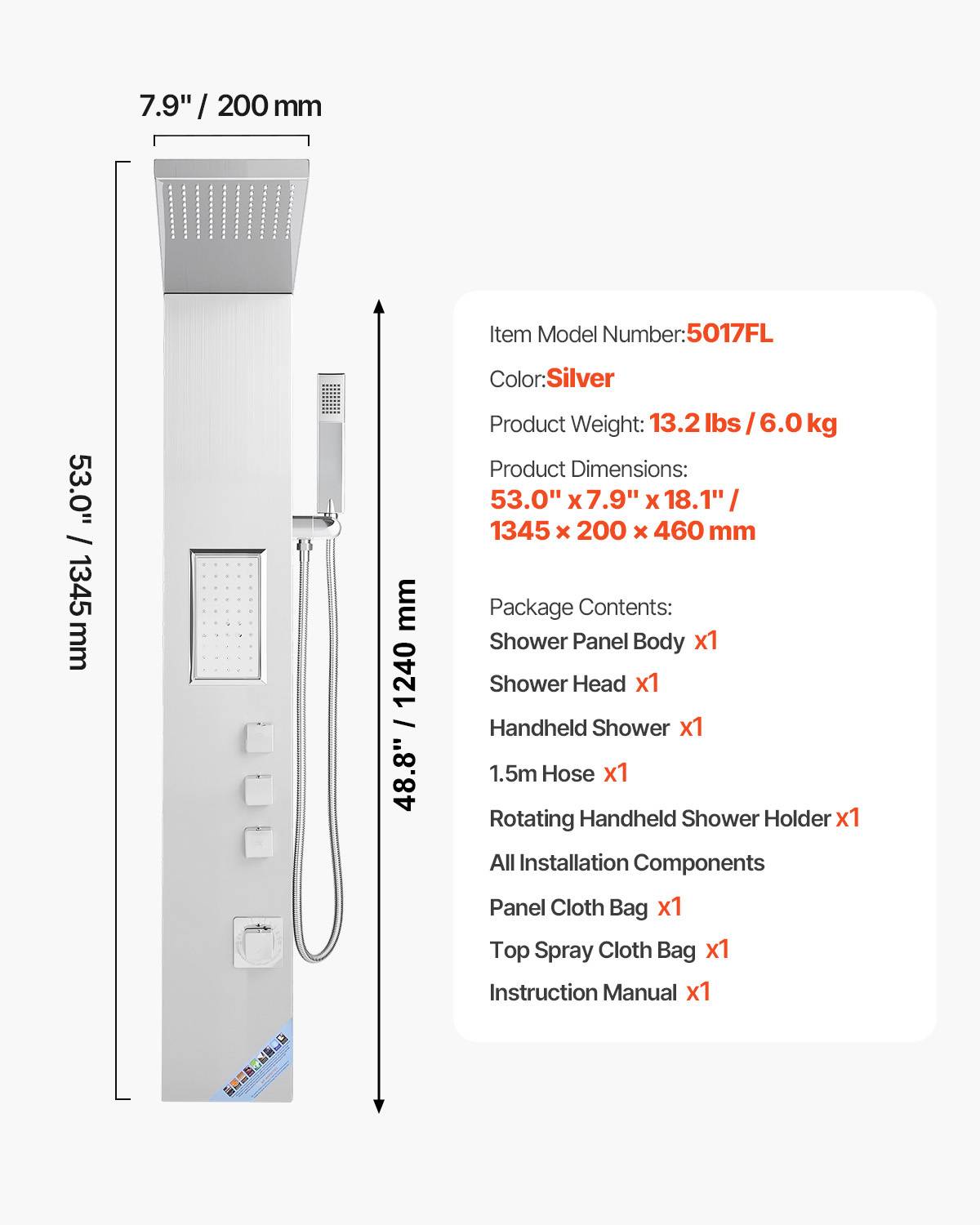 Vevor - VEVOR Colonne douche avec pommeau pluie, acier inox brossé, robinet 3 fonctions, jet corporel et main. - Image 7