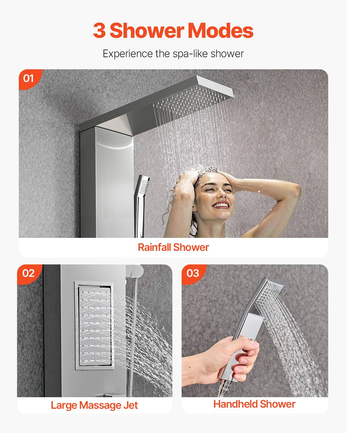 Vevor - VEVOR Colonne douche avec pommeau pluie, acier inox brossé, robinet 3 fonctions, jet corporel et main. - Image 3