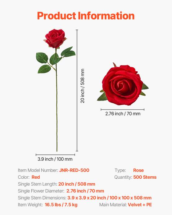 VEVOR Rose artificielle lot de 500, 508mm. Aspect réaliste, tête 70mm. Pour décoration, fêtes. Rouge. - Image 7