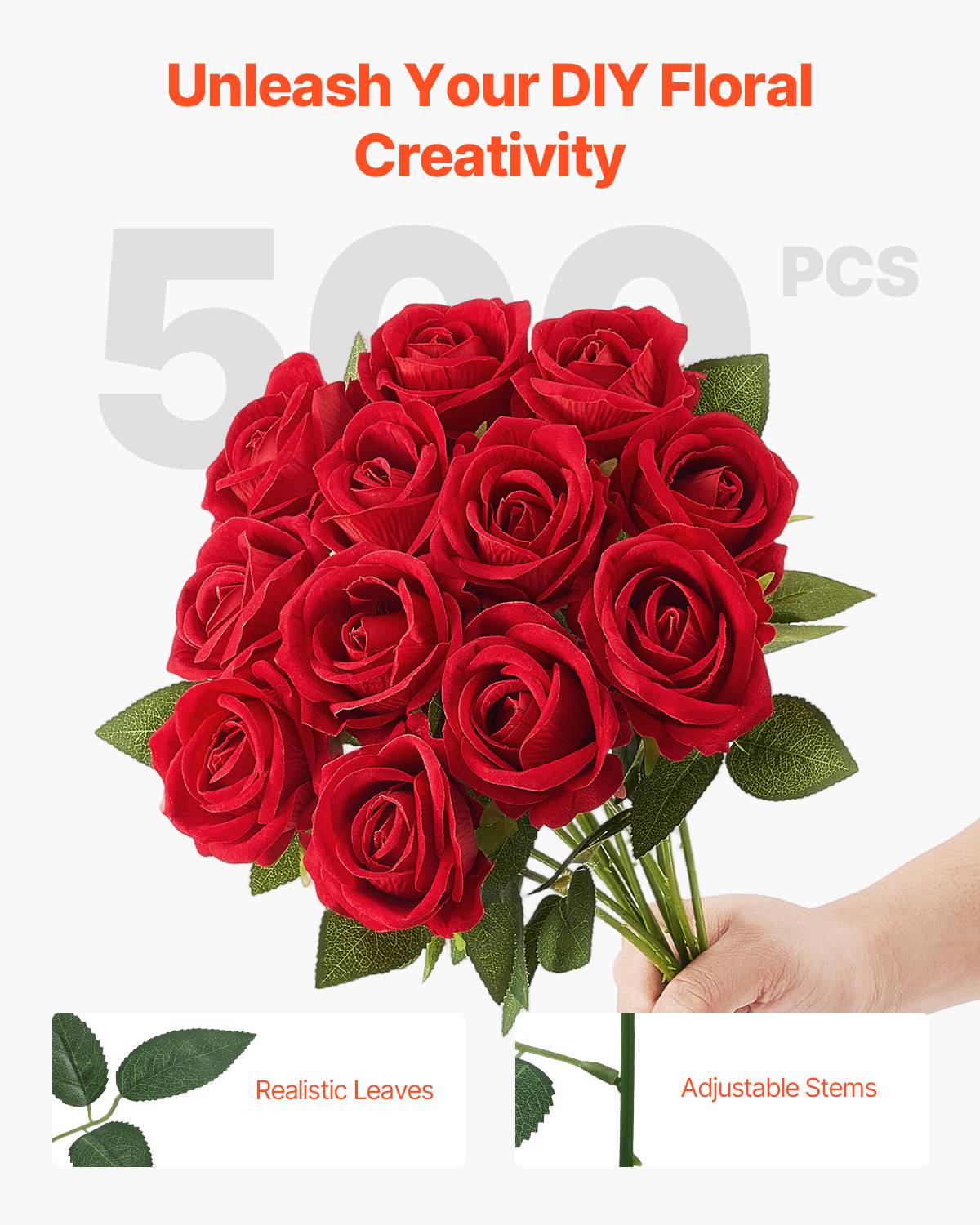 VEVOR Rose artificielle lot de 500, 508mm. Aspect réaliste, tête 70mm. Pour décoration, fêtes. Rouge. - Image 4