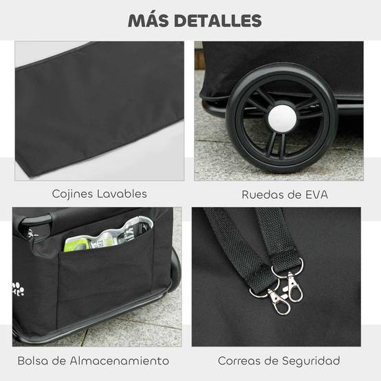 Poussette pour animaux avec barre de poussée réglable, design ouvert, coussin et roues, 53 x 45 x 28 cm, noire - Image 9