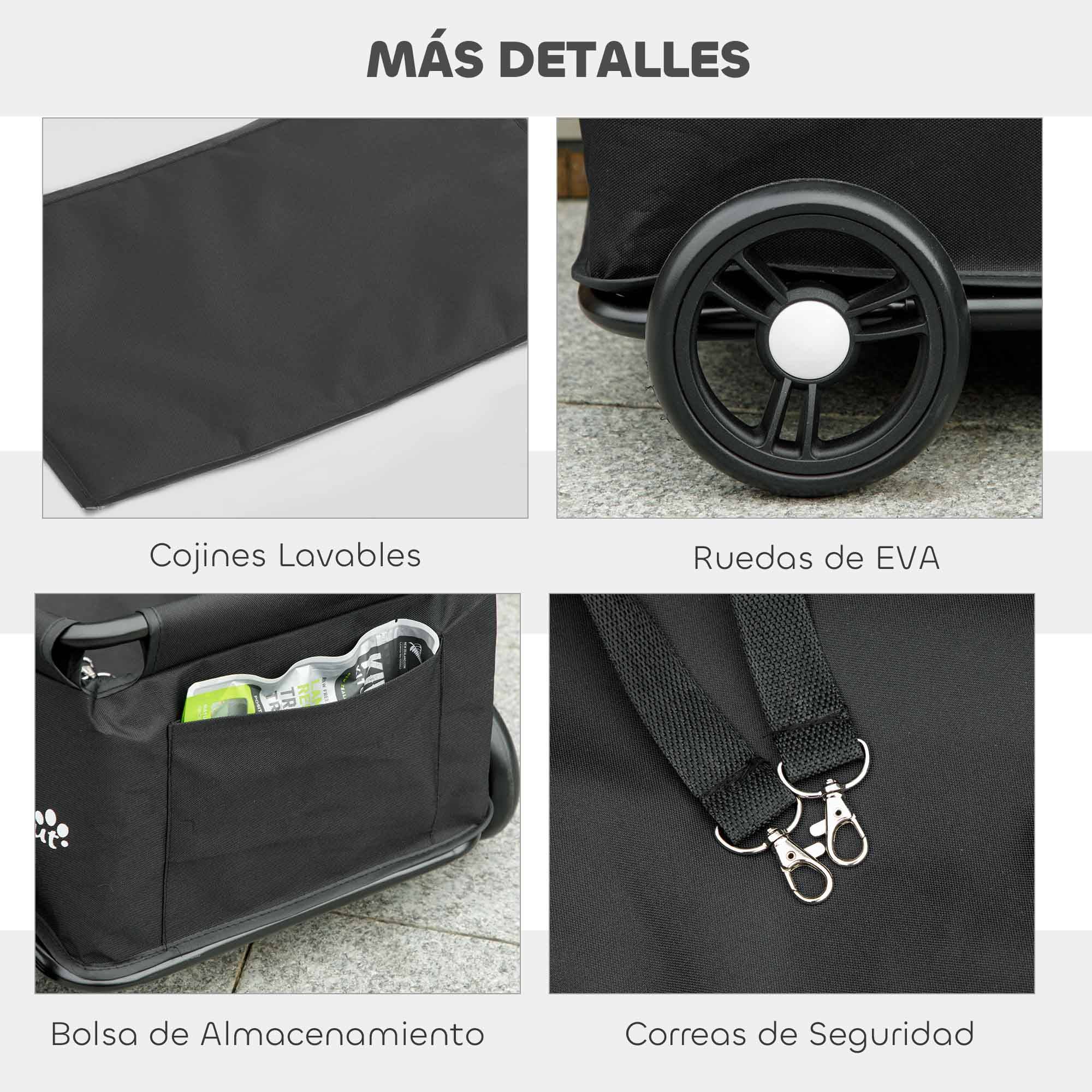 Poussette pour animaux avec barre de poussée réglable, design ouvert, coussin et roues, 53 x 45 x 28 cm, noire - Image 9