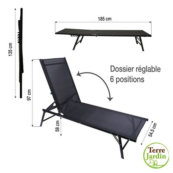 Chaise longue pliante 185x54,5x34,5 cm - Dossier inclinable - Acier/textilène - TERRE JARDIN - Image 6