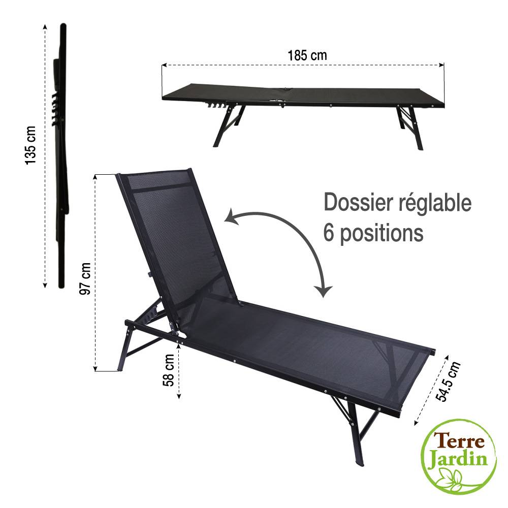 Chaise longue pliante 185x54,5x34,5 cm - Dossier inclinable - Acier/textilène - TERRE JARDIN - Image 6