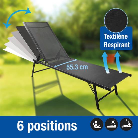 Chaise longue pliante 185x54,5x34,5 cm - Dossier inclinable - Acier/textilène - TERRE JARDIN - Image 2