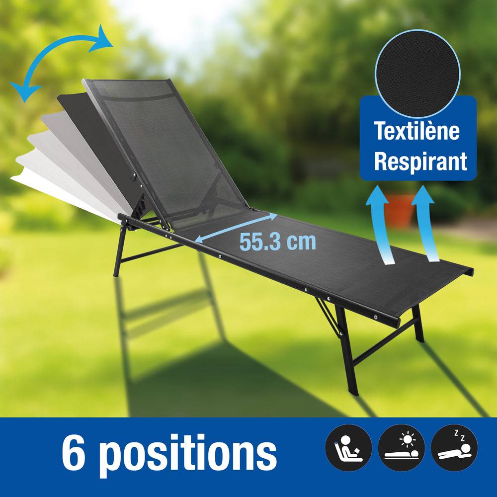 Chaise longue pliante 185x54,5x34,5 cm - Dossier inclinable - Acier/textilène - TERRE JARDIN - Image 2