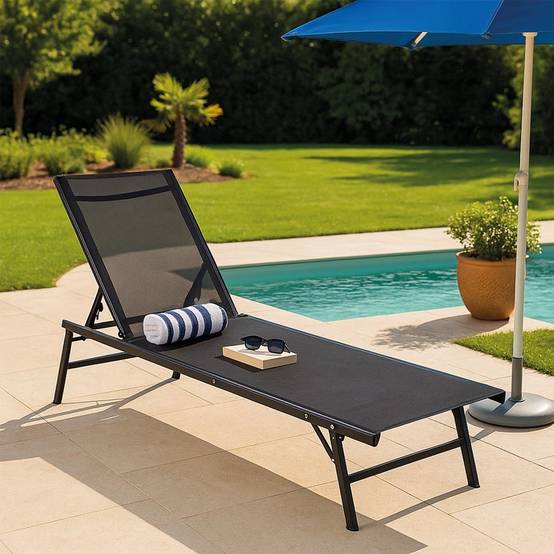 Chaise longue pliante 185x54,5x34,5 cm - Dossier inclinable - Acier/textilène - TERRE JARDIN - Image 8