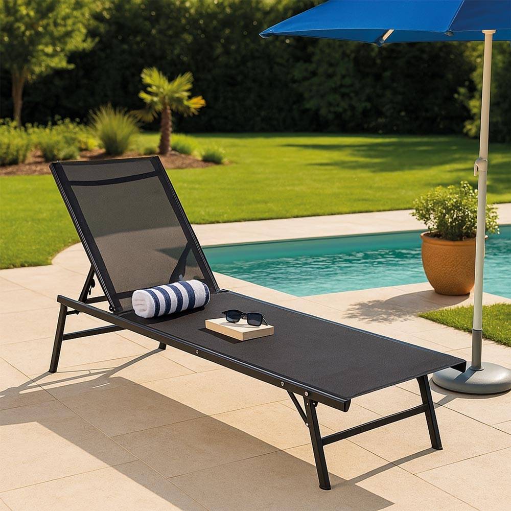 Chaise longue pliante 185x54,5x34,5 cm - Dossier inclinable - Acier/textilène - TERRE JARDIN - Image 8