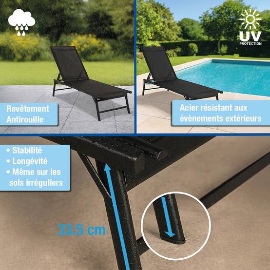 Chaise longue pliante 185x54,5x34,5 cm - Dossier inclinable - Acier/textilène - TERRE JARDIN - Image 3