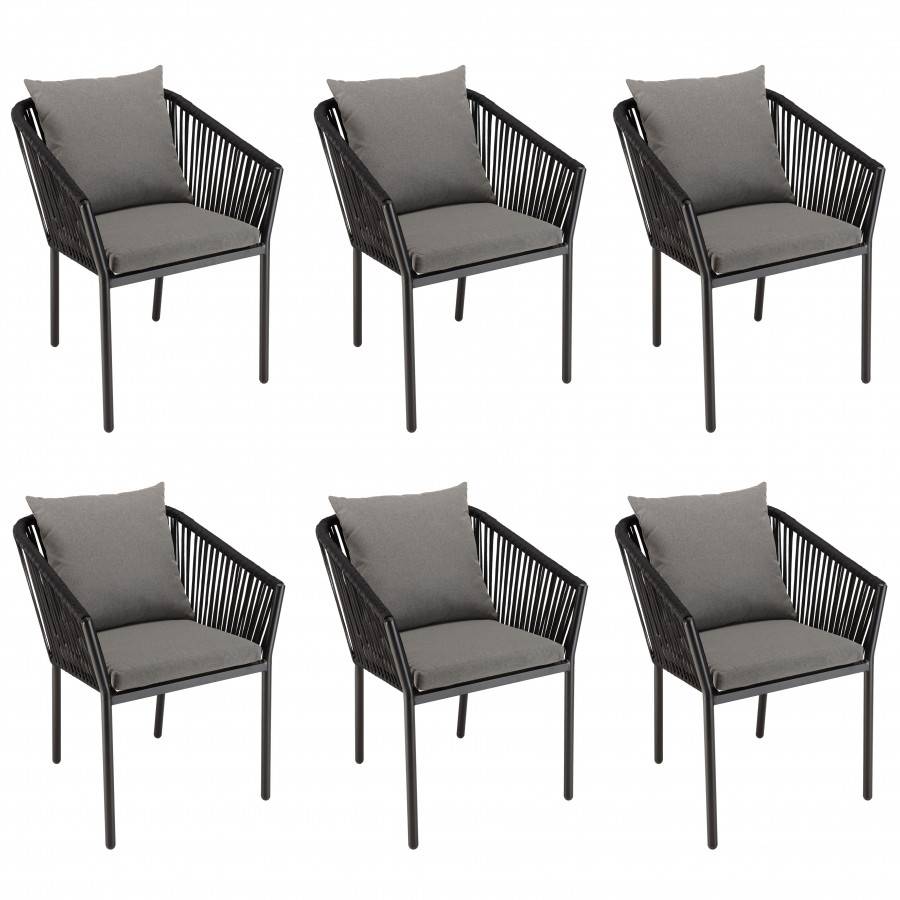 Macabane - MALO - SALON DE JARDIN 6 PERS. - 1 Table rectangulaire 180x100cm et 6 fauteuils gris et noirs avec coussin - Imagen 10