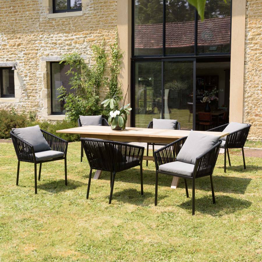 Macabane - MALO - SALON DE JARDIN 6 PERS. - 1 Table rectangulaire 180x100cm et 6 fauteuils gris et noirs avec coussin - Imagen 2