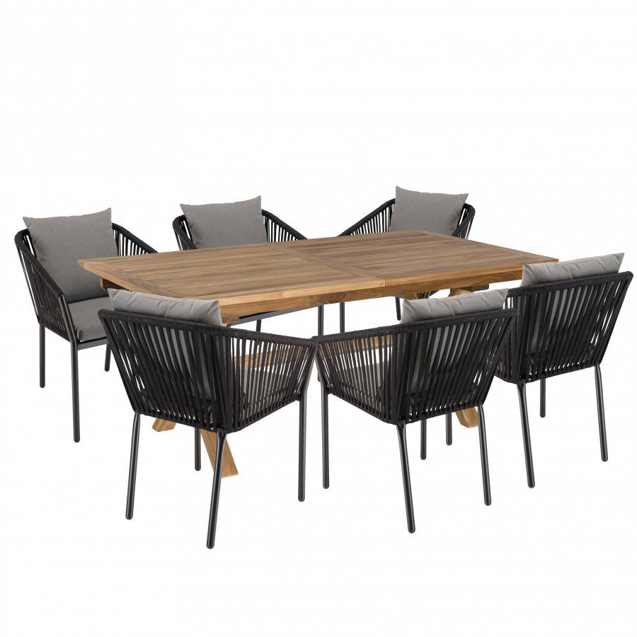 Macabane - MALO - SALON DE JARDIN 6 PERS. - 1 Table rectangulaire 180x100cm et 6 fauteuils gris et noirs avec coussin - Imagen 1